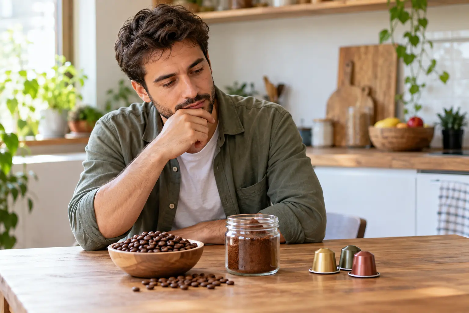 Person considering coffee options in a bright modern kitchen, without appliances or logos