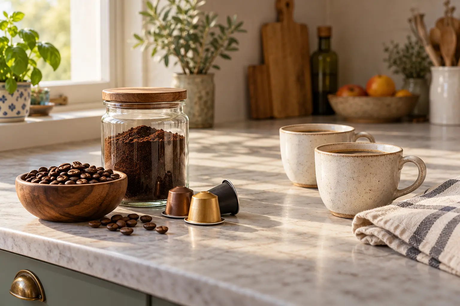 A calm home coffee routine with different coffee ingredients on a kitchen counter