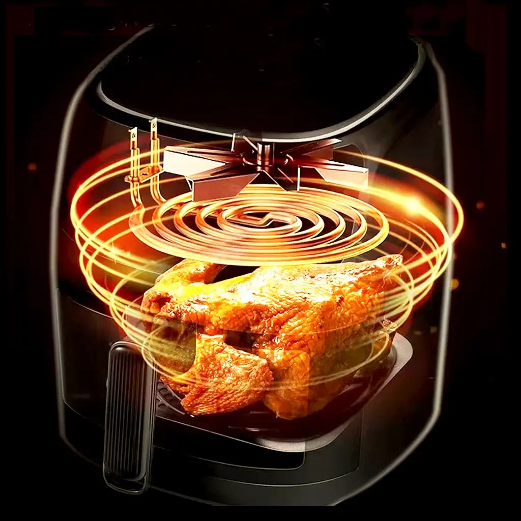 Diagram of hot air circulating 360° around a chicken in the basket