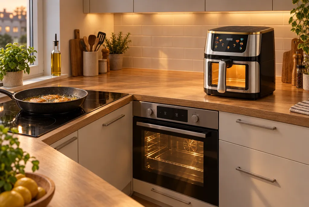 Kitchen with a frying pan of oil on the hob, a built-in electric oven and a Foliamo Migliore air fryer on the worktop