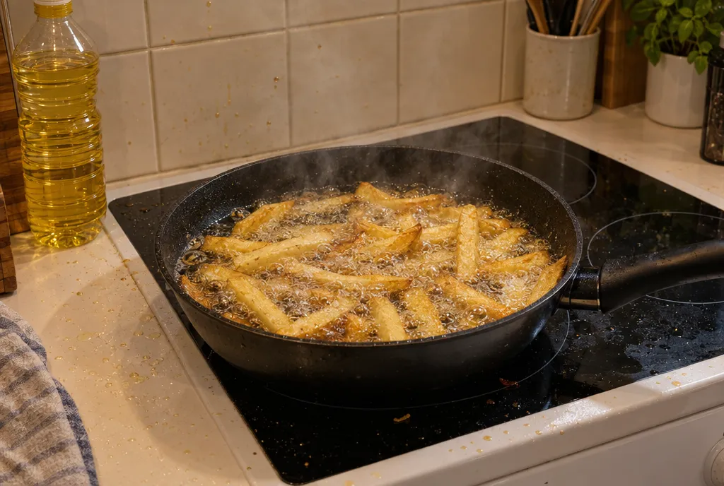 Chips frying in a pan of oil on the hob, next to a bottle of oil