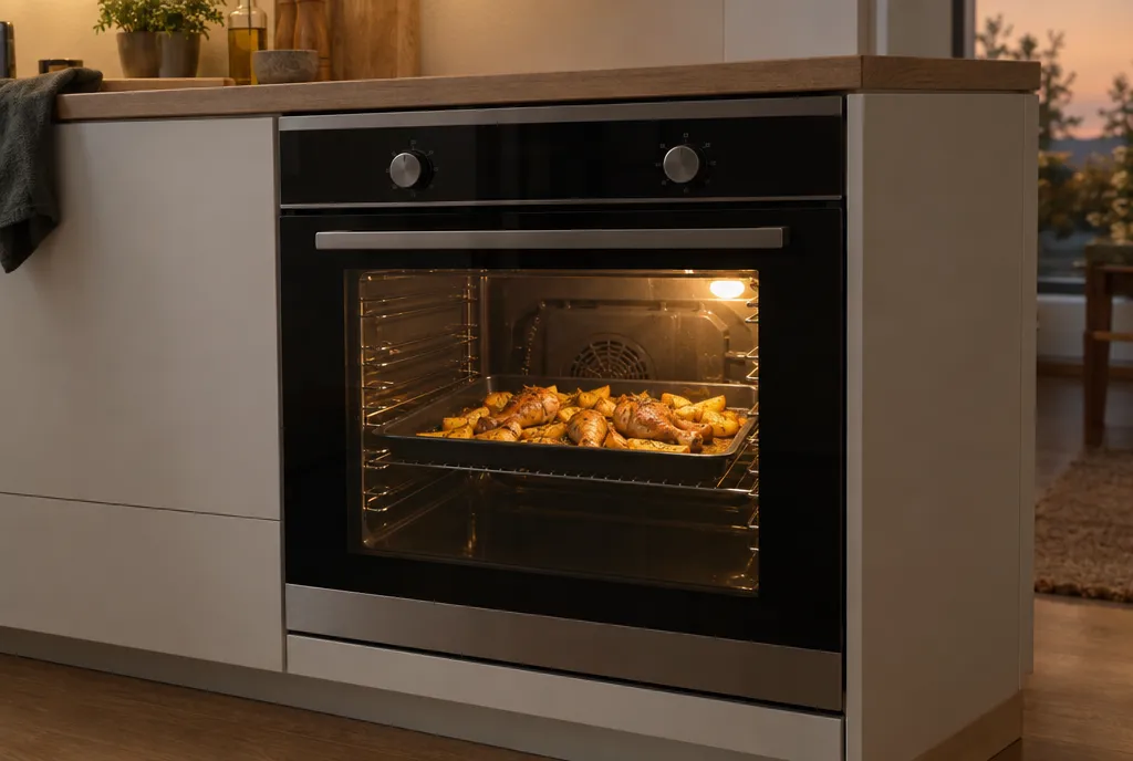 Built-in electric oven with one tray of chicken drumsticks and potatoes
